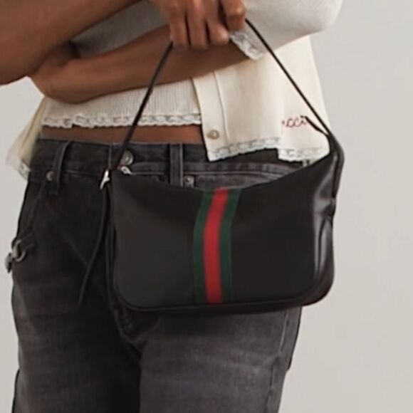 Gucci Designer Lunetta leather Purse Trimmed Jacquard Shoulder Bag Green Red - Picture 5 of 13